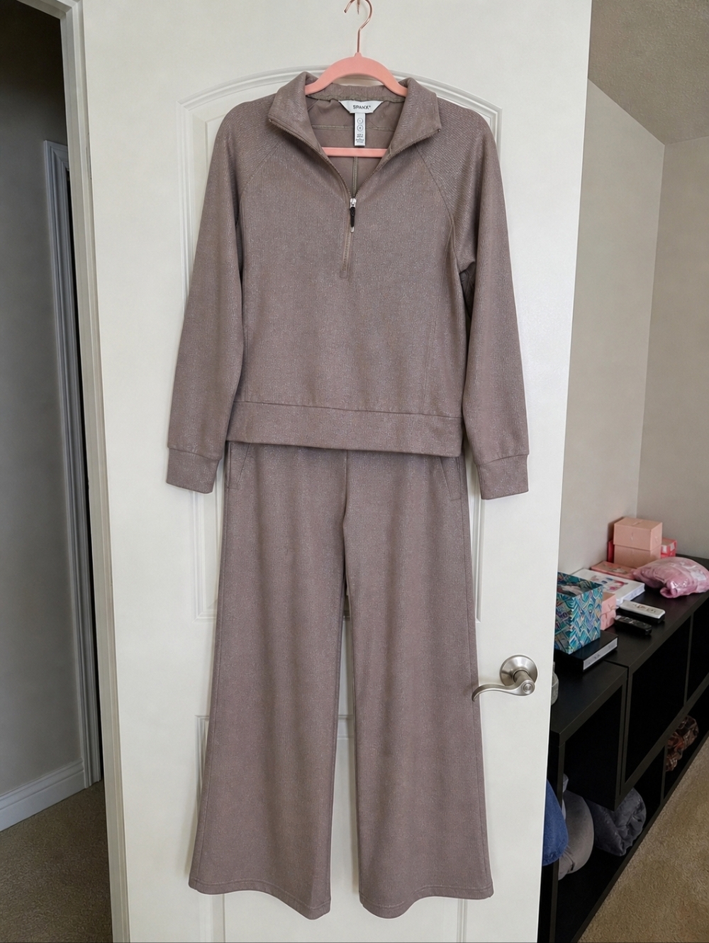 Spanx AirEssentials Set Taupe Shimmer Pullover + Wide Leg Pants Size Large